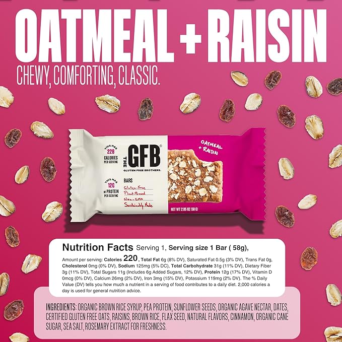 The GFB Oatmeal Raisin Protein Bars - Gluten Free Plant Based Non GMO Sustainably Made – Ridiculously Tasty Healthy Vegan Nutrition Snack Protein Bars 2.05 oz (12 Count)