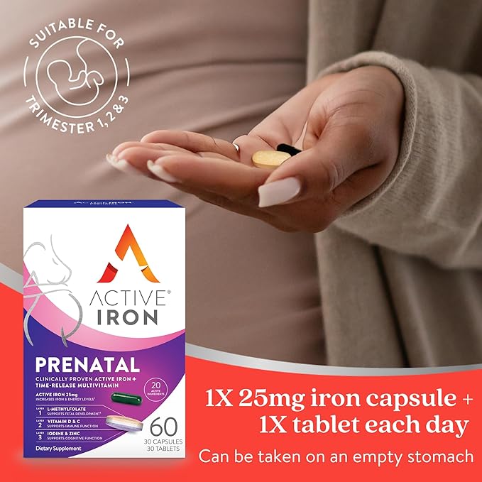 Active Iron Supplement 25mg + Prenatal Multivitamin Clinically Proven to Increase Iron &amp Reduce Tiredness Maximum Absorption Gentle Non-Constipating 30 Capsules + 30 Time Release Tablets