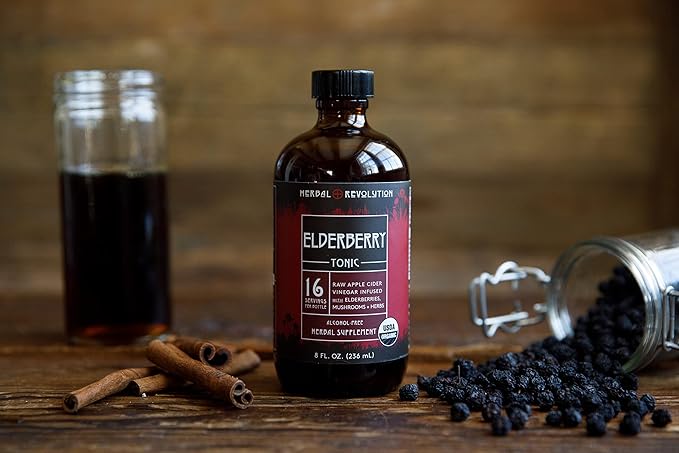 Herbal Revolution Elderberry Tonic - Certified Organic Non-GMO Apple Cider Vinegar Infused with Cinnamon Bark Raw Honey Ginger &amp More - Made Using Regenerative Farming Practices - 8 Oz