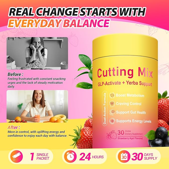 Cutting Drink Mix – GLP-1 Drink Mix with 5-HTP Yerba Mate &amp Magnesium FOS | Supports Satiety Signaling Energy &amp Gut Health | Strawberry Açaí Flavor – 30 Servings