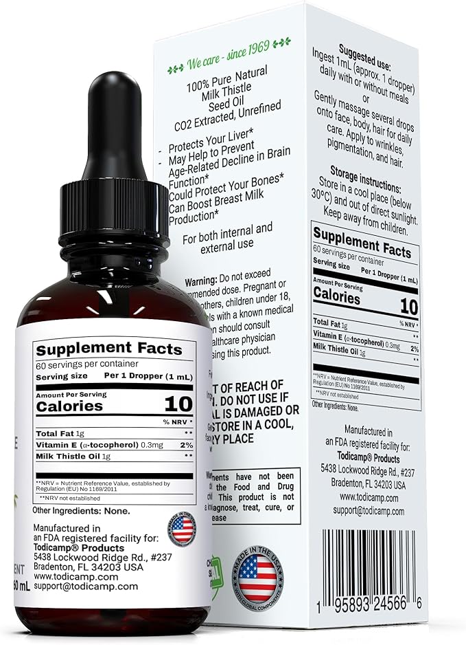 Milk Thistle Seed Oil Extract 2 fl oz - CO2 Liquid Milk Thistle Extract - Rich in Silymarin VIT E Zinc Omegas Tocopherols - Sweet and Pleasant Taste