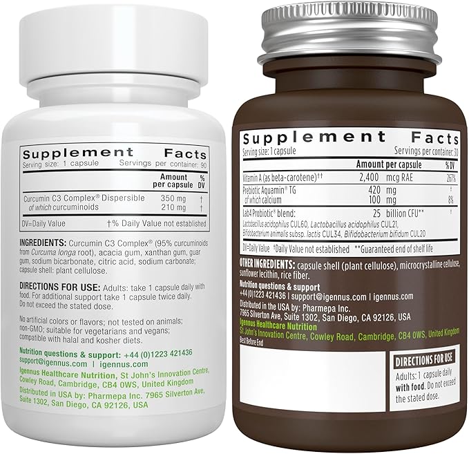 Live Cultures+ Lab4 Probiotics + High Absorption Curcumin C3 Complex Vegan Bundle 25 Billion CFU Probiotic Non-Bloating Prebiotic + 300% Greater Absorption Curcuminoids with Rapid Uptake By Igennus