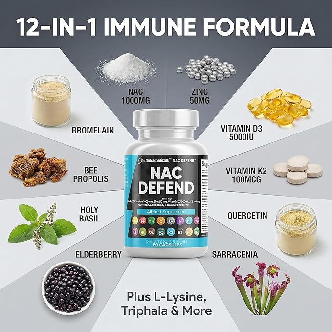 NAC Supplement N-Acetyl Cysteine Vitamin D3 K2 Zinc Quercetin Sarracenia Purpurea Immune Support | Elderberry Holy Basil Bee Propolis Bromelain L-Lysine Capsules Supplements For Women Men Adults