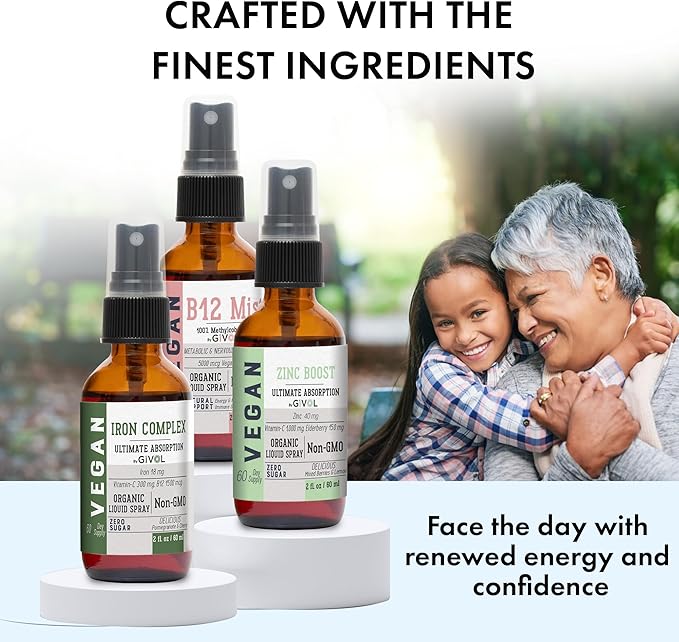 Iron Support Spray Bundle Liquid Vitamin B12 Methylcobalamin Zinc Picolinate and Bisglycinate | Non-GMO Gluten-Free Sugar-Free Iron Supplement | 2 Fl Oz Each | 360 Days Supply