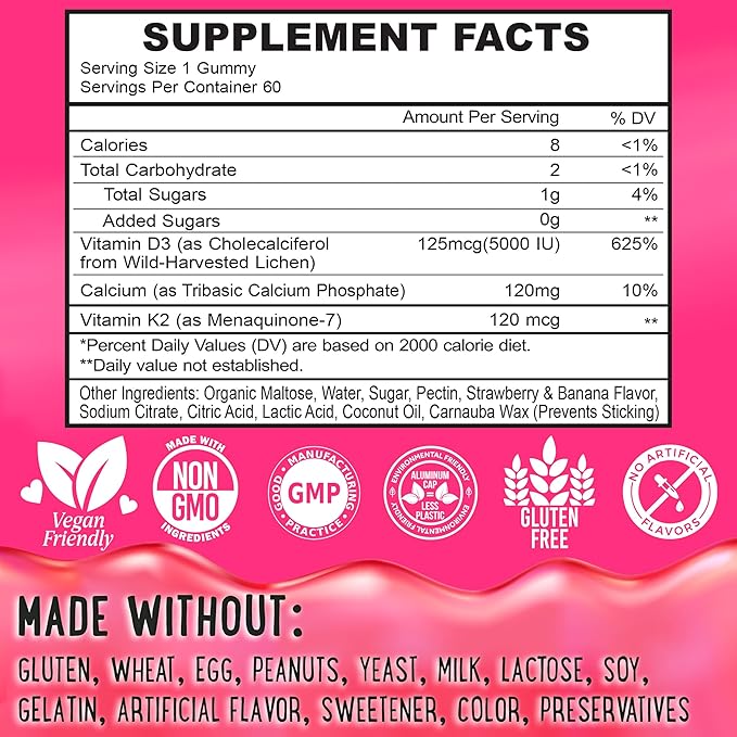 D3K2 Gummies Variety Pack – 3 Bottles (60 Each) – Strawberry Banana Apple Kiwi &amp Peach Mango