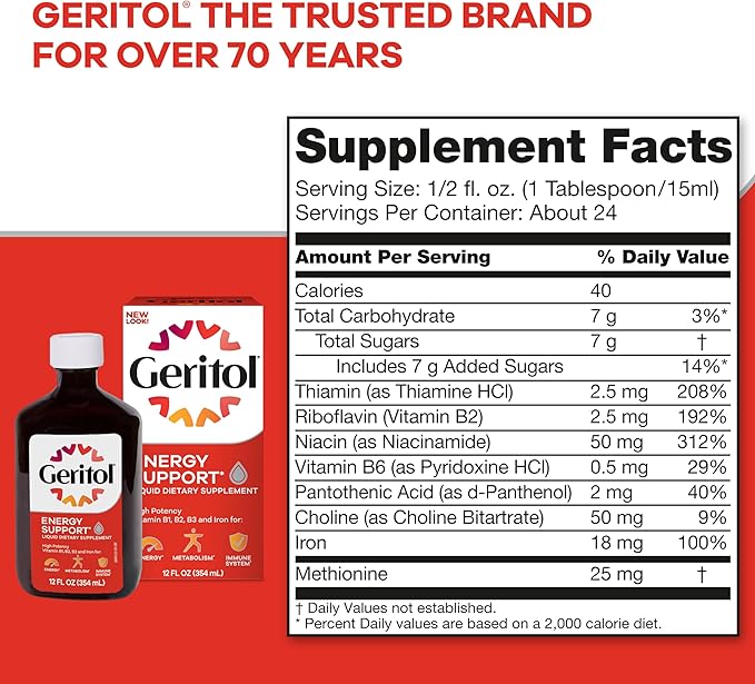 Geritol Liquid Vitamin and Iron Supplement Energy Support Contains High Potency B-Vitamins and Iron Pleasant Tasting Easy to Swallow No Artificial Sweeteners Non-GMO 12 Oz 3 Pack