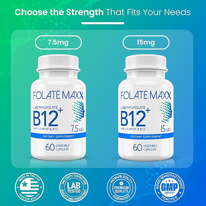 L Methylfolate 7.5mg Plus B12 Methyl - 60 Capsules - 5-MTHF with B12 Methylcobalamin Supplement for Mood Methylation and Cognition - Bioactive Forms of Vitamin B9 &amp B12-2 Month Supply
