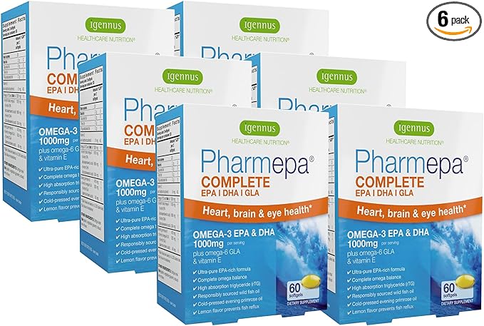 Igennus Pharmepa Complete EPA 668mg &amp DHA 334mg Omega-3 Fatty Acids 1000mg IFOS Certified rTG Form High Potency Fish Oil Plus Omega-6 &amp 9 from GLA Evening Primrose Oil Lemon Flavor 360 So