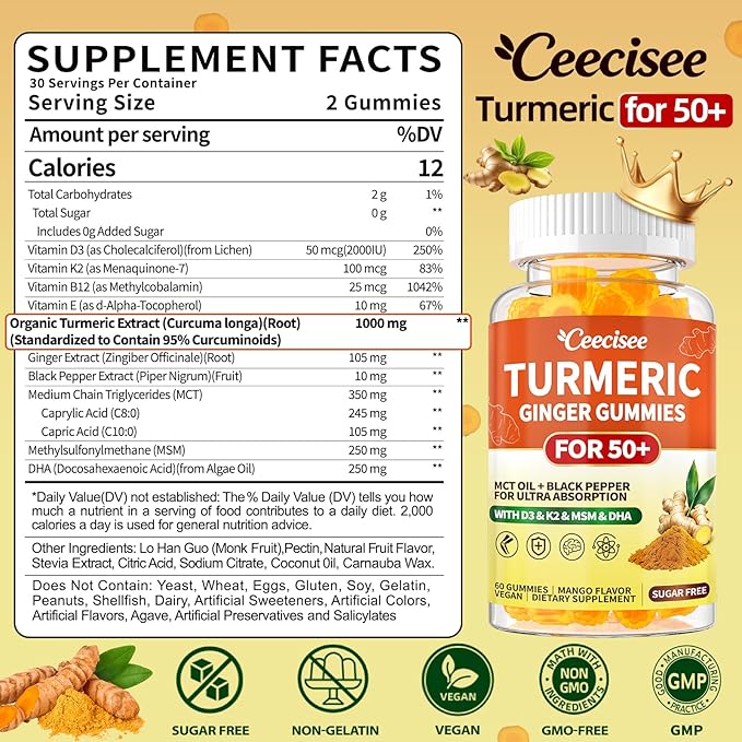 Organic Turmeric Supplement for Adults 50+: Sugar Free Turmeric Curcumin with Black Pepper Ginger Gummies Plus Vitamin D3 K2 MCT Oil MSM - Chewable Vegan Gummy for Overall Health(120Count)