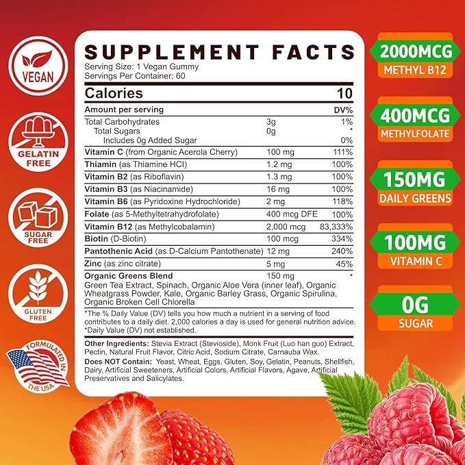 NEVISS Vitamin B Complex with B1 B2 B3 B5 B6 B7 B9 B12 C Zinc &amp Organic Greens Blend - Methylated B Complex Gummies Supplements for Energy Immune Support and Focus -Sugar Free 2-Pack