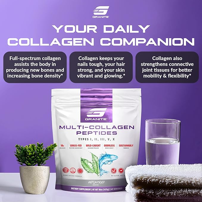 Granite Supplements Collagen Peptides Powder - Hair Skin and Nails Vitamins with Type I II III V X Hydrolyzed Collagen Peptides for Nail Growth Bone Mobility &amp Joint Support (16oz)