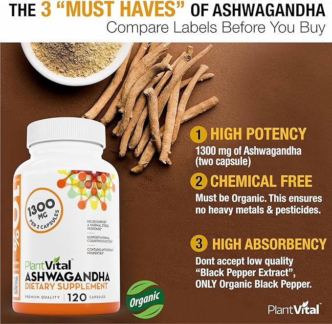 Plantvital Organic Ashwagandha Capsules with Black Pepper 1300mg - 120 Vegan Capsules for Normal Stress Response Normal Sleep and Energy - Non-GMO Gluten-Free Made in USA