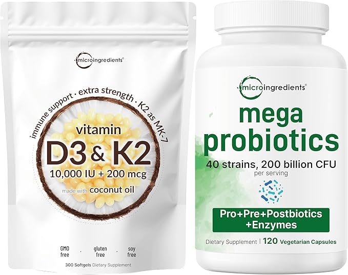 Micro Ingredients Vitamin D3 10000iu + K2 200mcg Softgels &amp Mega Probiotics 200 Billion CFU Veggie Capsules | 2 Pack Bundle | D &amp K Sunshine Vitamins | 40 Strains + Inulin Acacia &amp Brom