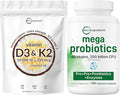Micro Ingredients Vitamin D3 10000iu + K2 200mcg Softgels &amp Mega Probiotics 200 Billion CFU Veggie Capsules | 2 Pack Bundle | D &amp K Sunshine Vitamins | 40 Strains + Inulin Acacia &amp Brom