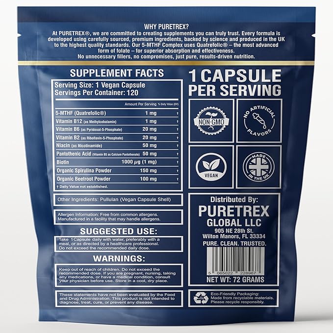 5-MTHF Complex with Quatrefolic Active Folate (L-Methylfolate) 1mg + Methyl B12 1mg + P-5-P B6 + Riboflavin-5-Phosphate Vegan Non-GMO 120 Capsules