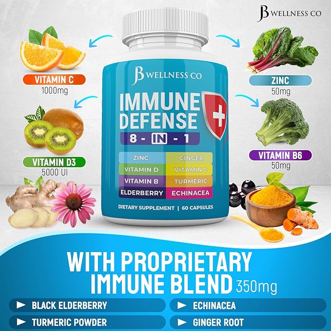 Immune Support 8 in 1 Capsules - Zinc Supplement Vitamin D3 Vitamin C and Elderberry - Immune Booster with Echinacea Ginger Root and Turmeric - [2-Pack]