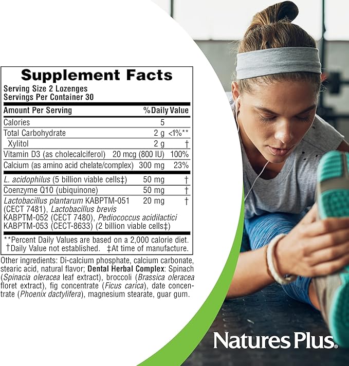 NaturesPlus Adult’s Dental Care Probiotic - 60 Lozenges - Supplement for Teeth &amp Gum Health - Peppermint Flavor - 30 Servings