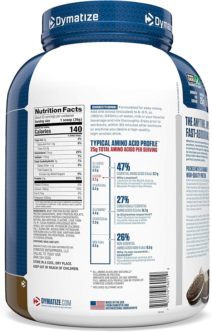 Dymatize Elite 100% Whey Protein Powder Cookies &amp Cream 25g of Protein 5.5g BCAAs Less Than 140 Cal. Gluten Free 2g Carb 2g Sugar 3g Fat (63 Servings)