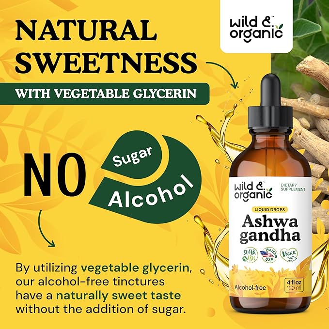Wild &amp Organic Ashwagandha Drops - Mood Support &amp Positive Energy - 500 mg Ashwagandha for Women &amp Men - Add to Tea Liquid Extract for Relaxation - Non-GMO Sugar &amp Alcohol-Free Tinctu
