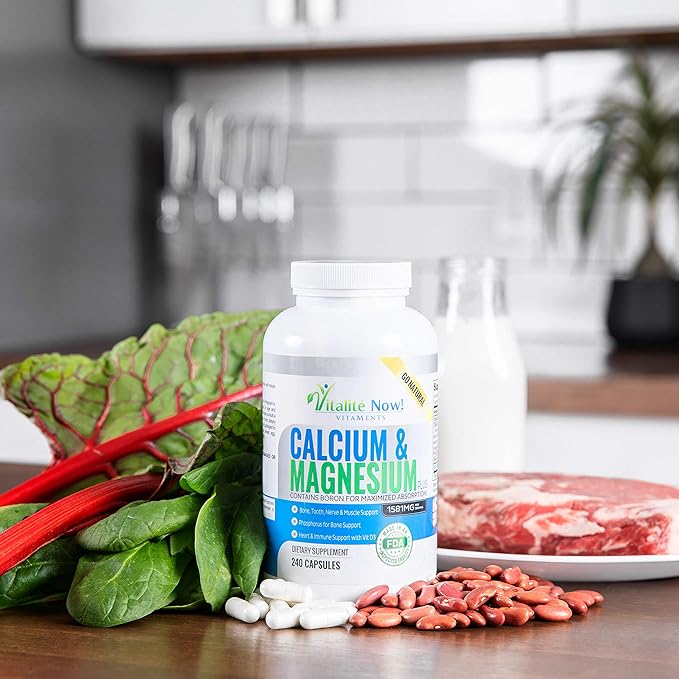 Calcium Magnesium Supplement with Vitamin D - 10 Forms of Calcium 1000mg for Maximum Absorption - Bone Strength Support with Boron and Phosphorus - 240 Capsules - 2 Month Supply