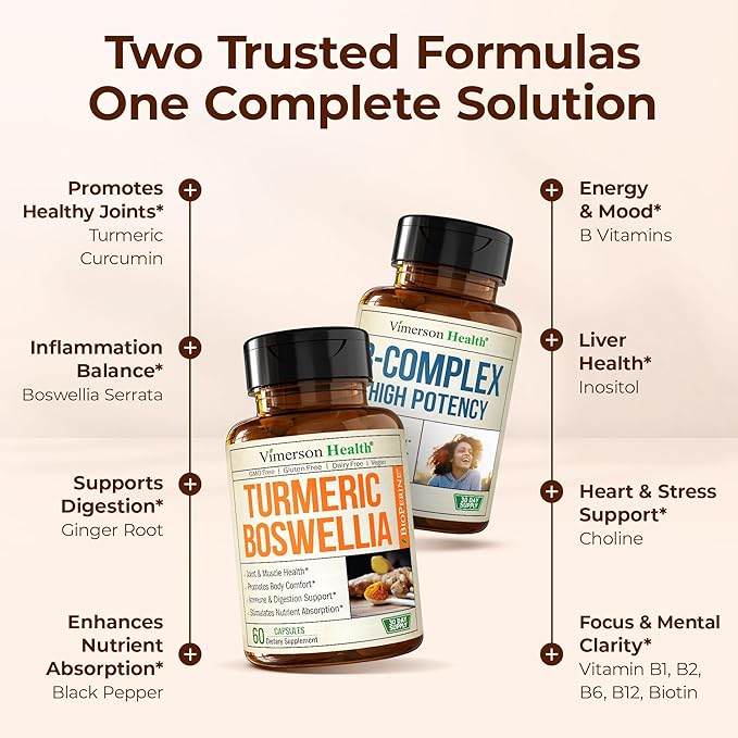 Boswellia Turmeric Curcumin Supplement + Vitamin B Complex with Vitamin B12 Niacin Vitamin B2 Vitamin B6 Bundle – Supports Joint Health &amp Aids Mood Energy – with Ginger Root Organic Turmeric