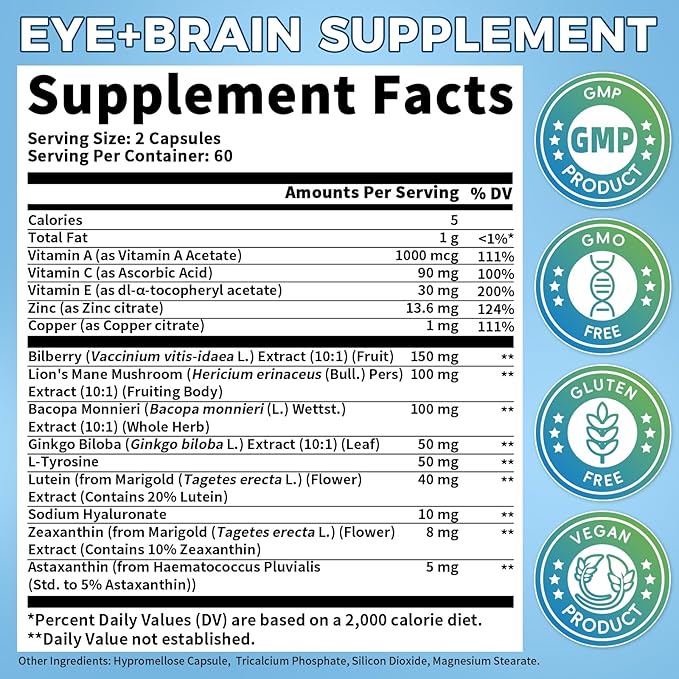 2 Pack Eye + Brain Supplements for Memory and Focus Lutein 40mg Zeaxanthin Astaxanthin Bilberry Lion’s Mane Bacopa Monnieri Ginkgo Biloba 14 in 1 Eye Vitamins for Adults &amp Seniors 240 Caps