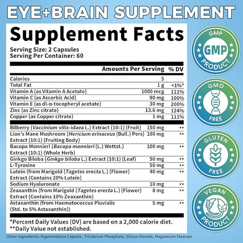 2 Pack Eye + Brain Supplements for Memory and Focus Lutein 40mg Zeaxanthin Astaxanthin Bilberry Lion’s Mane Bacopa Monnieri Ginkgo Biloba 14 in 1 Eye Vitamins for Adults &amp Seniors 240 Caps
