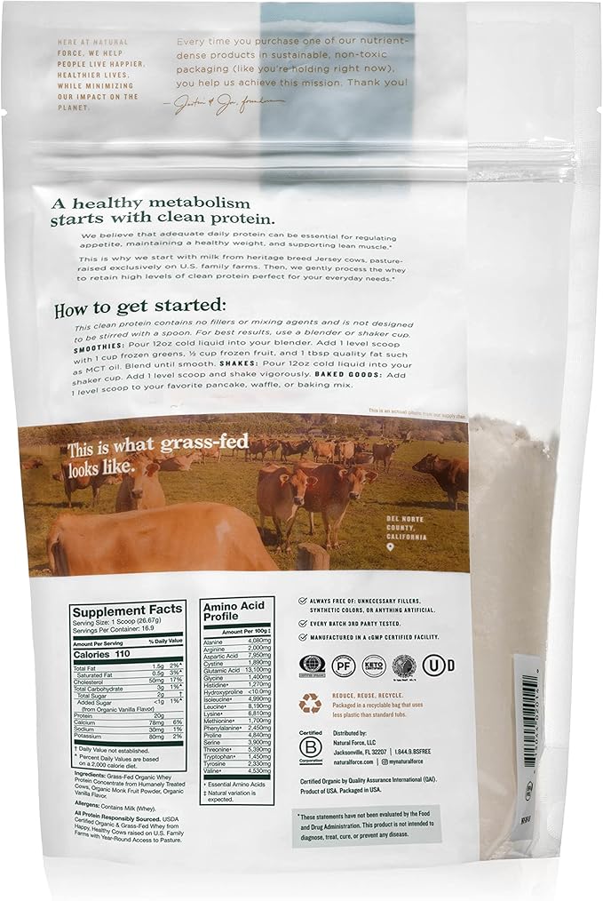 Natural Force Grass Fed Organic Whey Protein Powder Vanilla Flavor 16 oz Pure Organic Bone Broth Protein Powder 10.8 oz