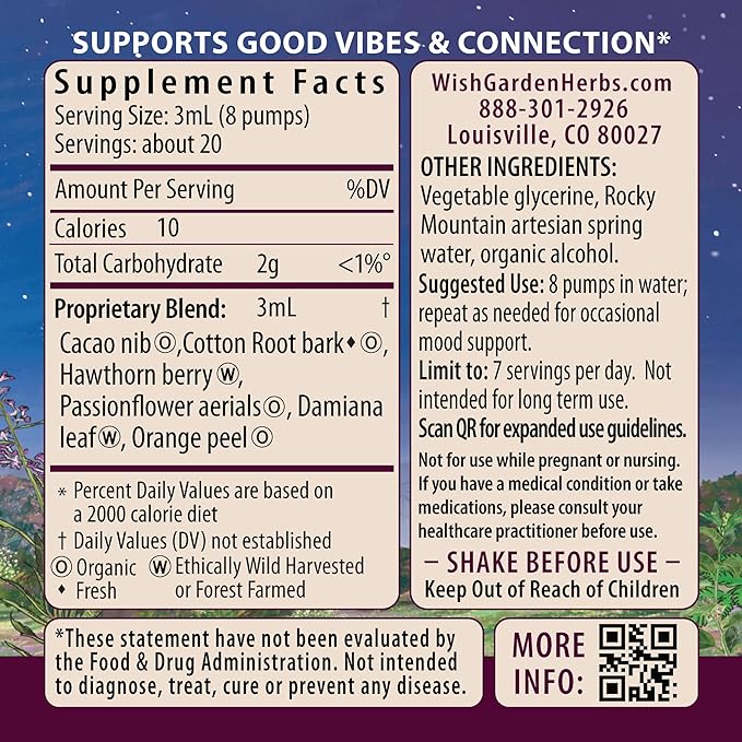 WishGarden Herbs Liquid Bliss Mood Elevator - Plant-Based Herbal Supplement with Organic Cacao Cotton Root Passionflower Increases Sense of Connection 4oz