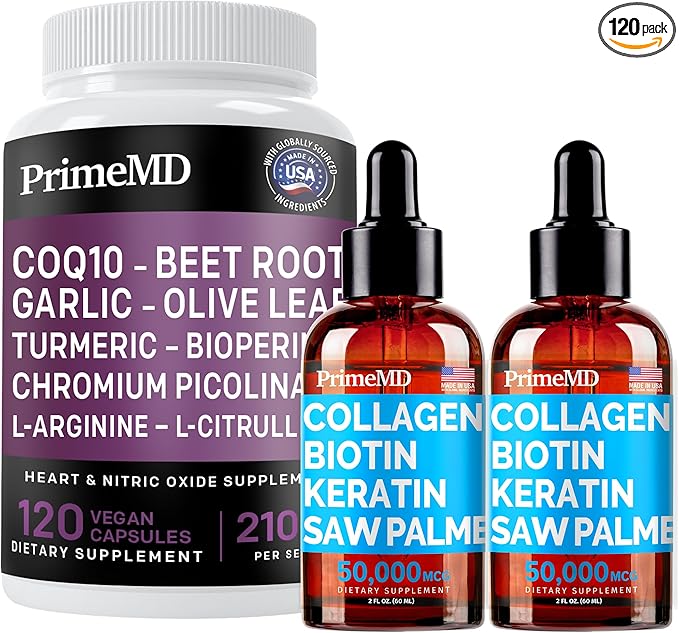 Liquid Collagen Biotin (2pk) and Nitric Oxide (1pk) Supplement Bundle - Potent Vitamins for Hair Skin Nails Heart Circulatory and Lipid Support - Non-GMO Vegan Gluten-Free