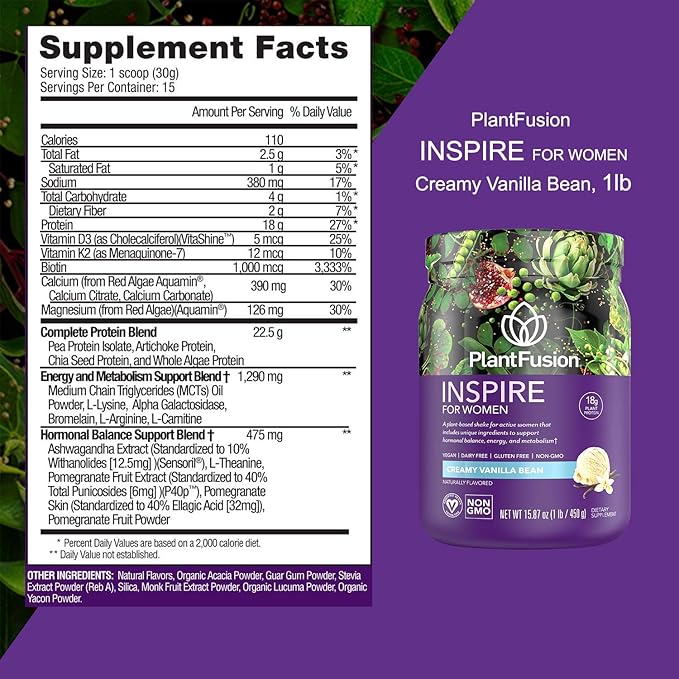 PlantFusion Inspire Plant Protein Powder for Women - Low Carb Protein Powder for Lean Muscle Support - Keto Gluten Free Soy Free Non-Dairy No Sugar Non-GMO - Creamy Vanilla Bean 1 lb