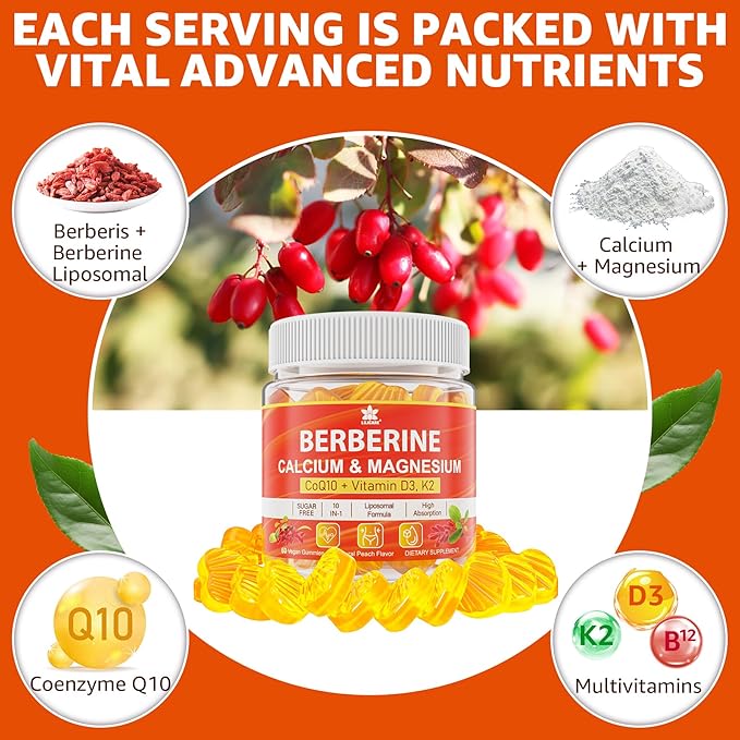Berberine Supplement Gummies Sugar Free Extra Absorption with Liposomal Berberine &amp Berberine HCI Calcium Magnesium AMPK Activitor for Sugar &amp Level Immune Energy Metabolism -Pack of 2