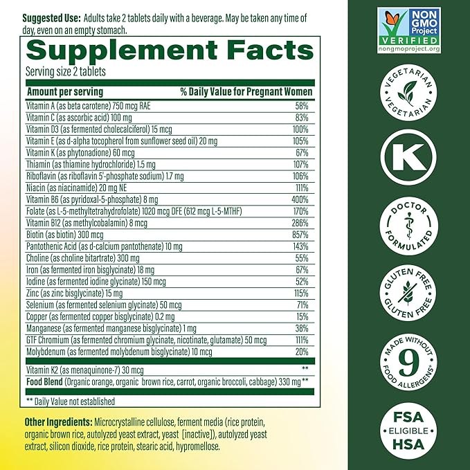 MegaFood Baby &amp Me 2 Prenatal Vitamin and Minerals - Vitamins for Women - with Folate (Folic Acid Natural Form) Choline Iron Iodine and Vitamin C Vitamin D and more - 60 Tabs (30 Servings)