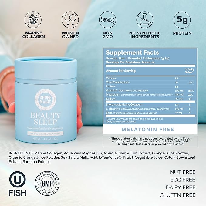 Shore Magic Beauty Sleep with Premium Marine Collagen – Hydrolyzed Type I-IV Peptides with Magnesium &amp L-Theanine Promotes Relaxation &amp Restful Sleep Orange-Vanilla Flavor Sugar-FreeMelato