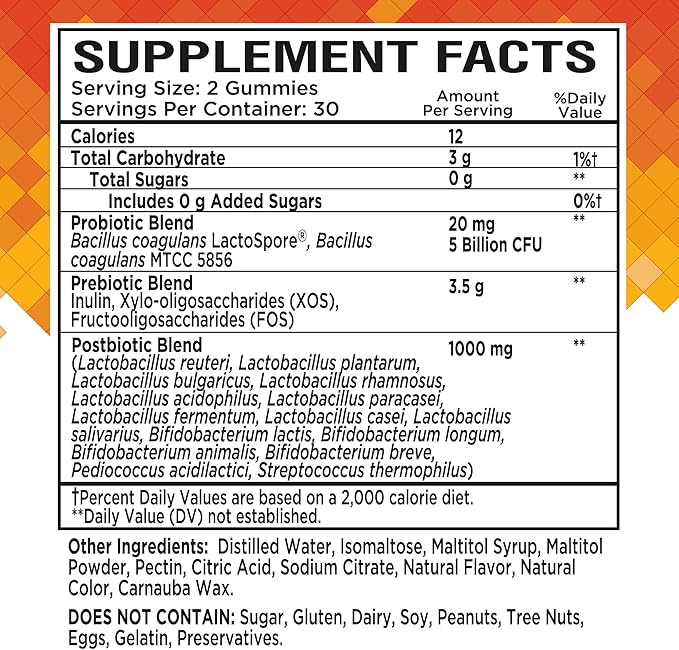 Prebiotic Probiotic &amp Postbiotic Gummies for Women Men &amp Kids Children - High Potency 5 Billion CFU - Sugar-Free &amp Gluten Free