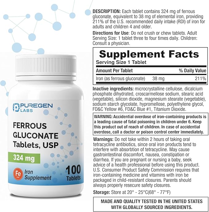 Puregen Labs Ferrous Gluconate 324 mg [High Potency] Iron Supplement Gentle on Stomach | 3 Pack - 300 Tablets Total