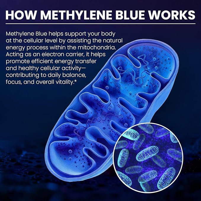 Methylene Blue Capsules 30mg USP Pharma Grade Methylene Blue Supplement with Vitamin C &amp Organic Cacao High Absorption Support - 60 Capsules