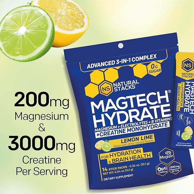 Magtech Magnesium Capsules + Hydration Creatine Powder Lemon Lime Bundle - 3 Forms of Magnesium - Featuring Magtein L-Threonate - Brain Health &amp Hydration Support* - 74 Total Servings