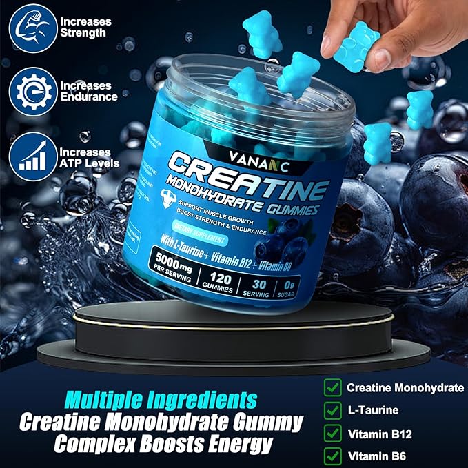Creatine Monohydrate Gummies 5g for Men &amp Women120 Sugar-Free Chews Pre Workout Creatine Supplement with L-Taurine &amp Vitamins for Muscle Strength Boost Energy &amp Endurance-Blueberry Flavo