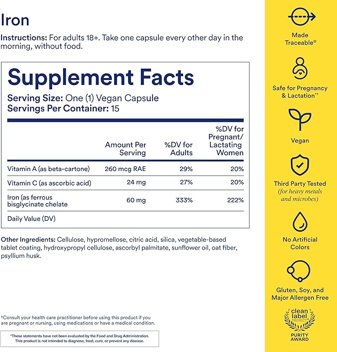 Ritual Iron Supplement to Support Low Iron Levels 60 mg | 48-hour Dosing Routine with BioSeries™ Technology plus Vitamin A and C. Designed for Optimal Absorption and Minimal GI Discomfort* 15 Servings