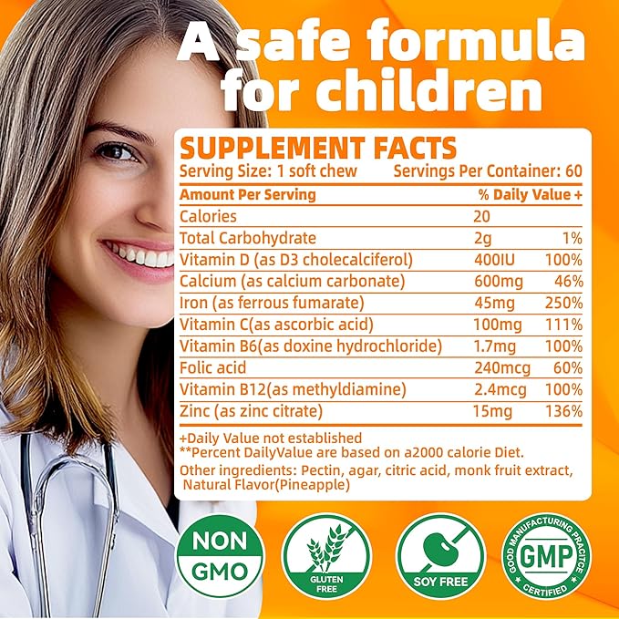 Chewable Iron Supplement for Women &amp Men and Kids - Orange Flavor Iron Vitamin C Soft Chew for Max Absorption Iron as Ferrous Fumarate Ideal for Iron Deficiency 2 Month Supply