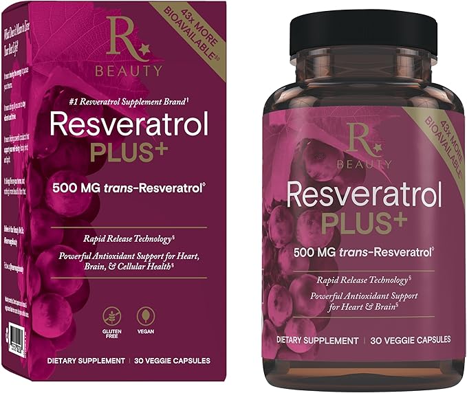 Reserveage Beauty Resveratrol Plus+ 500 mg - Rapid-Release Resveratrol Capsules with Quercetin for Immune System Brain Health &amp Cellular Health - Gluten-Free &amp Vegan - 30 Veggie Capsules