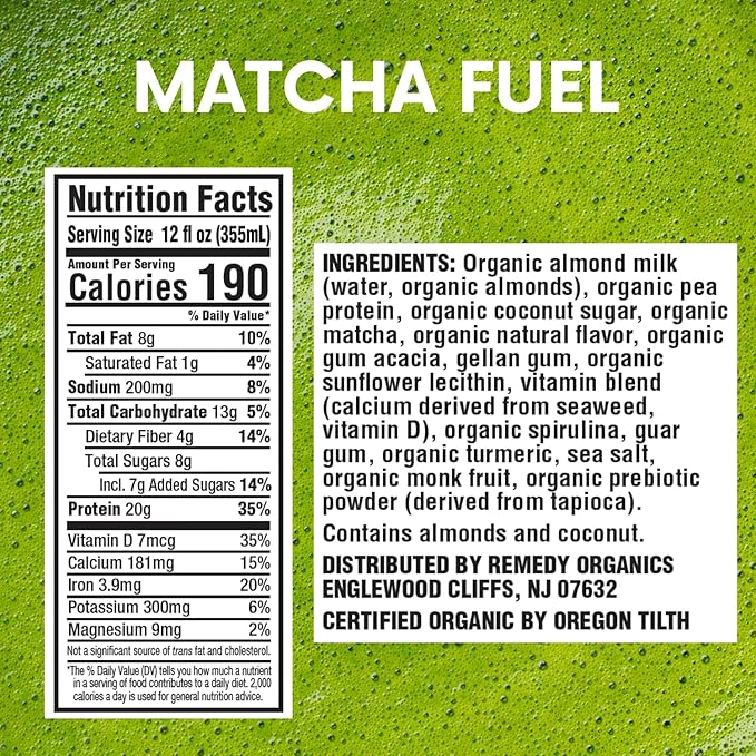 Remedy Organics Matcha Fuel 12-Pack | Plant Based 20g Protein Shakes Ready to Drink | USDA Organic Gluten Free Dairy Free Soy Free