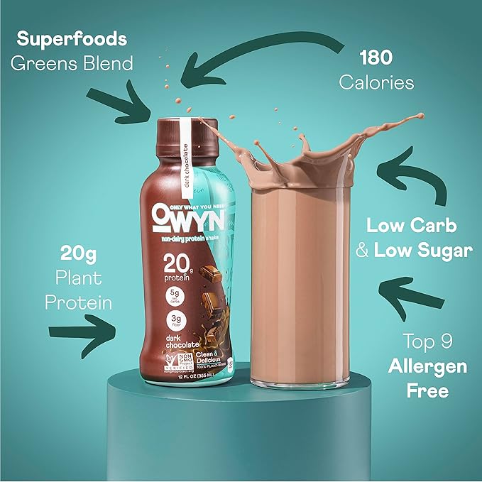 OWYN Only What You Need Protein Shake Variety Pack Dark Chocolate Cold Brew Coffee Cookies and Creamless 20g Protein 4g Sugar 3g Fiber Dairy Free Plant Based Protein Drink 12 CT