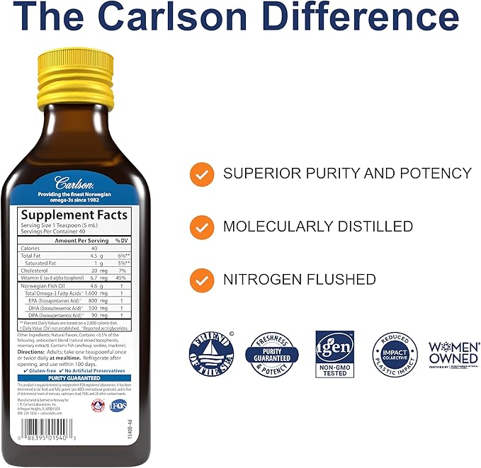 Carlson - The Very Finest Fish Oil 1600 mg Omega-3s Liquid Fish Oil Supplement Norwegian Fish Oil Wild-Caught Sustainably Sourced Fish Oil Liquid Lemon 200ml 6.7 Fl Oz