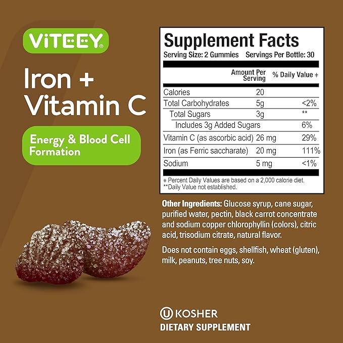 VITEEY Iron Gummies - Iron with Vitamin C - Energy Bood Support and Anemia Supplement for Women &amp Men - Vegan Gluten Free - 120 Count