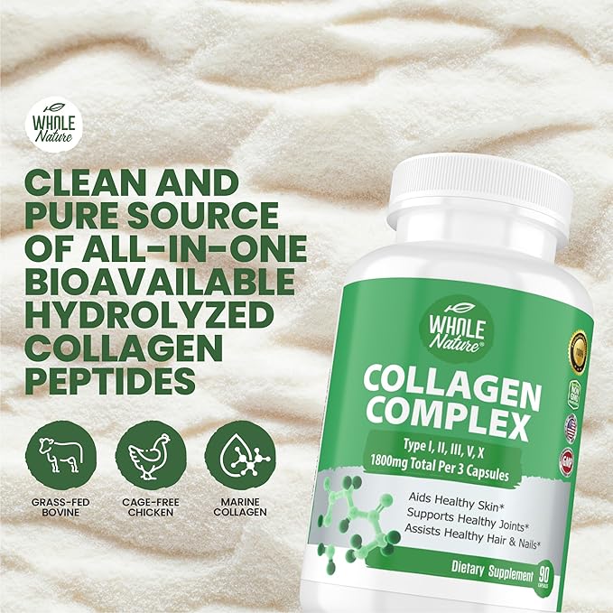 Multi Collagen Protein Peptides Supplement Capsules - 1800mg Collagen Complex Types I II III V X - Joint Support Healthy Hair Skin Nails Beauty Vitamins 100% Natural Non-GMO 270ct (3)