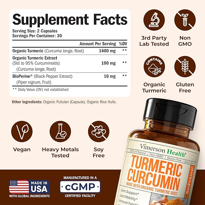 Turmeric Curcumin Supplement with Black Pepper Extract - High Potency Organic Turmeric 1400mg &amp 95% Curcuminoids for Joint &amp Digestive Health - Joint Support Supplement - 60 Vegan Curcuma Caps