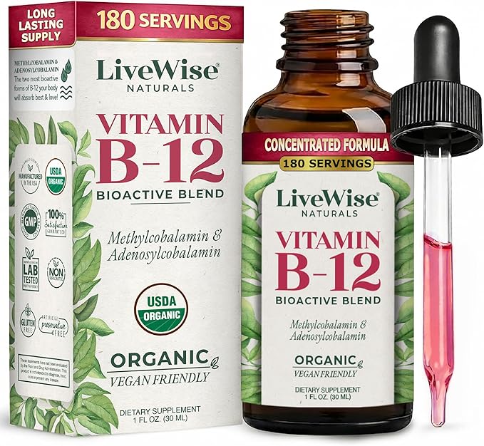 Organic Vitamin B12 1000 mcg Sublingual Liquid Drops For Adults 6 Months Supply 1 oz Methylcobalamin &amp Adenosylcobalamin - Bioactive Blend for Energy Clarity &amp Focus - Vegan Non-GMO Unfla