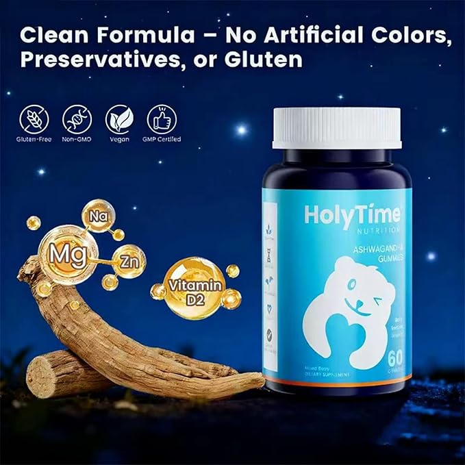HolyTime Ashwagandha Gummies – 60 Count with KSM-66 – Plant-Based Herbal Blend for Relaxation Stress Support &amp Metabolism – Gluten-Free Daily Balance &amp Wellness
